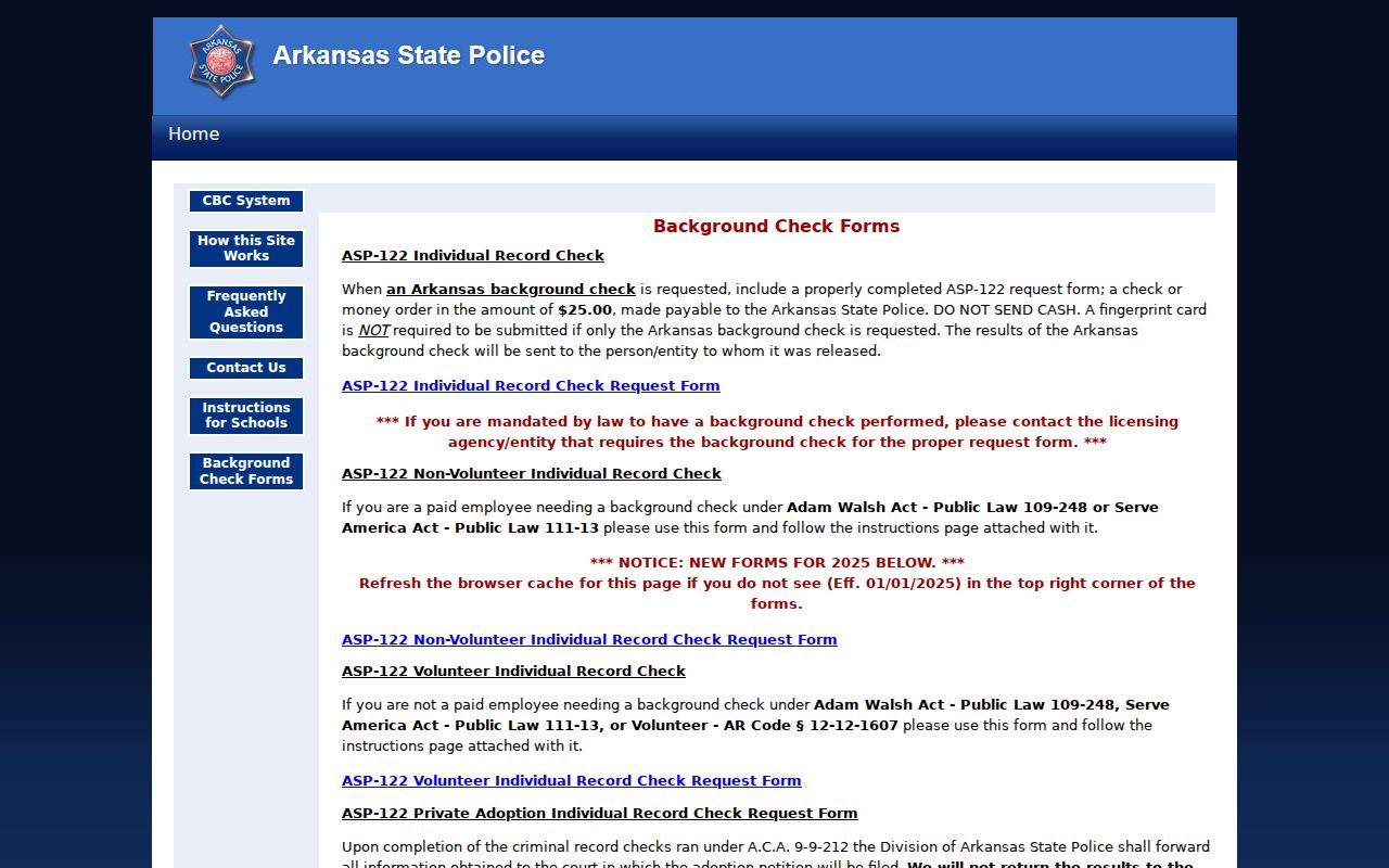 Forrest City criminal history Arkansas State Police background check forms